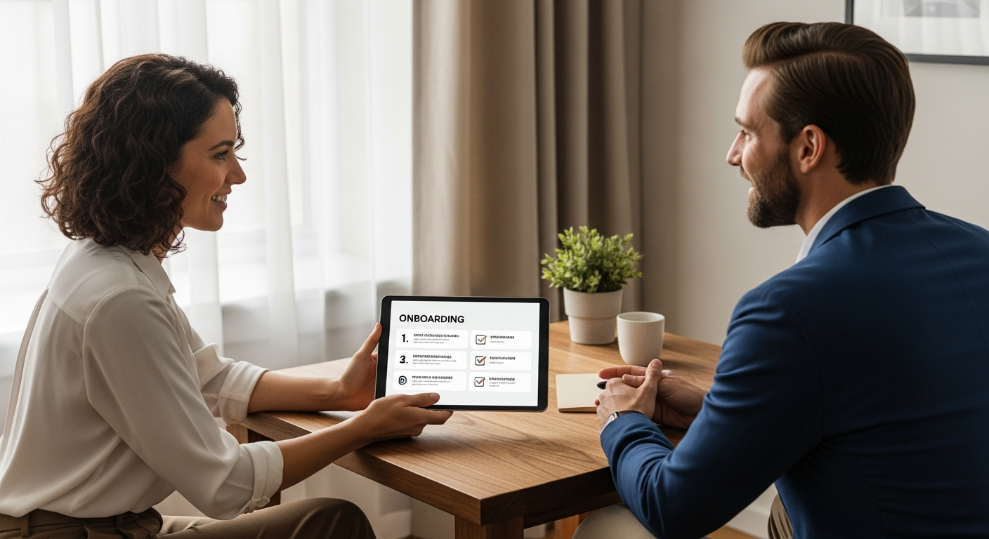 Two professionals in consultation reviewing a scheduling checklist