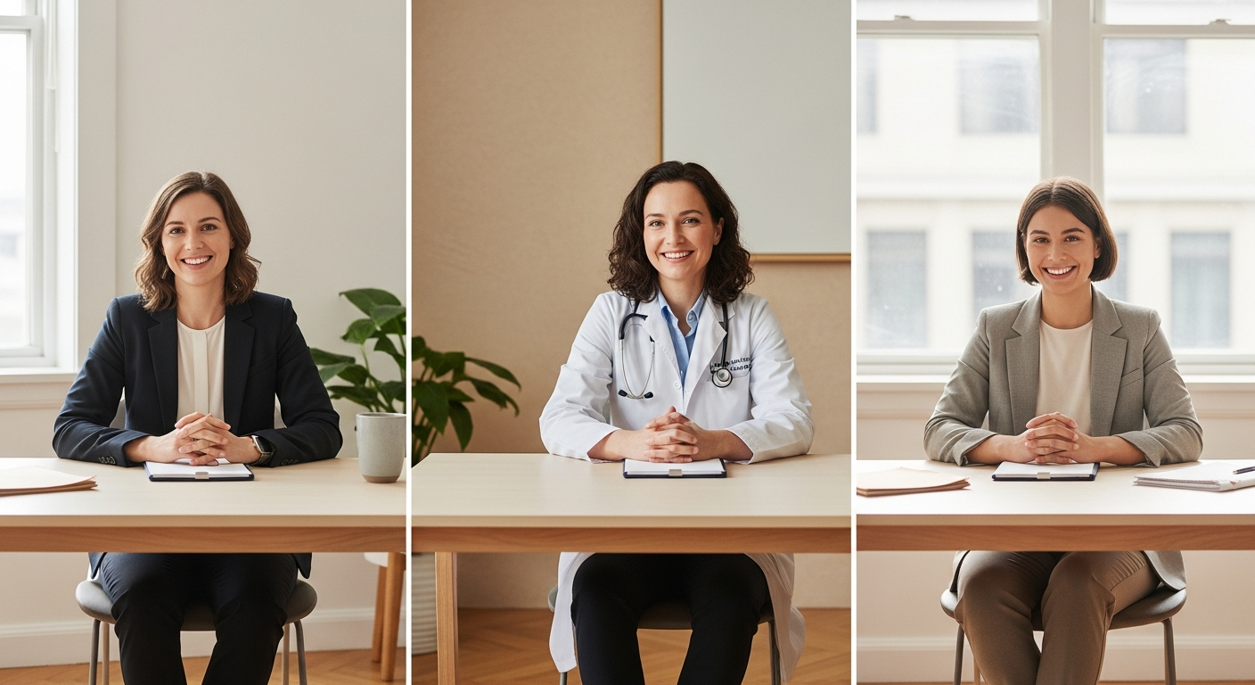 Three professionals from different industries at scheduling desks