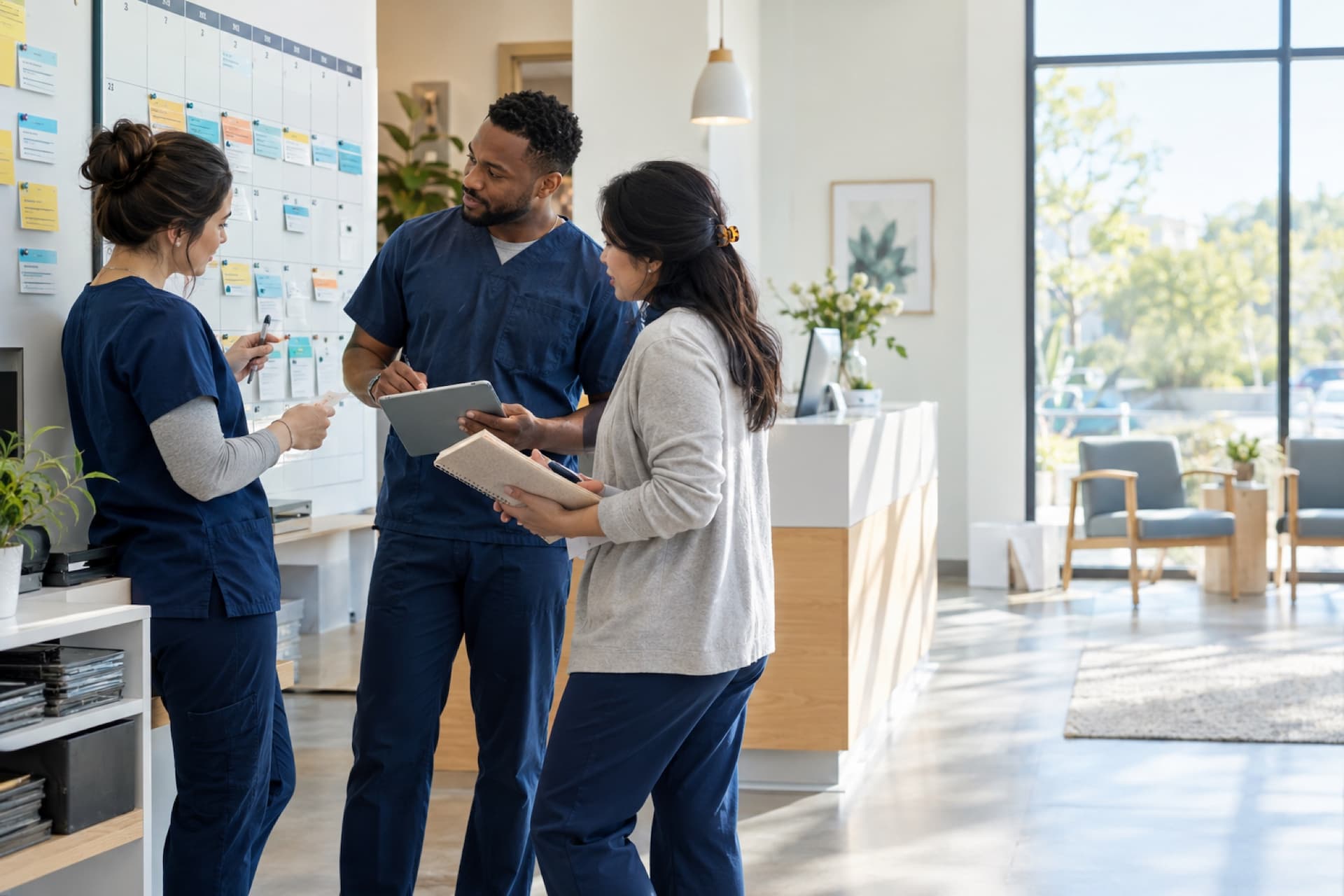 Scheduling specialist coordinating appointments in a calm modern workspace